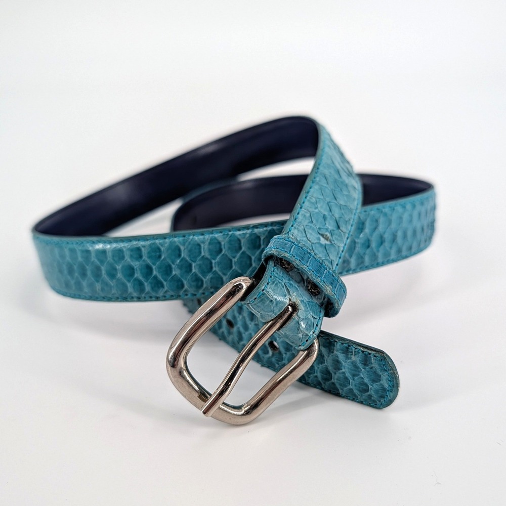 Genuine Snakeskin Belt Teal Blue Exotic Leather Brass Plated Buckle Size L